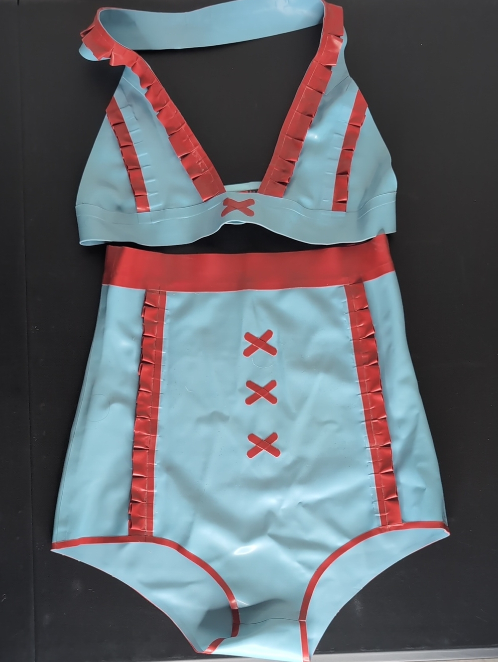Retro Two-Piece Latex High-Waist Swim Set in Light Blue and Red